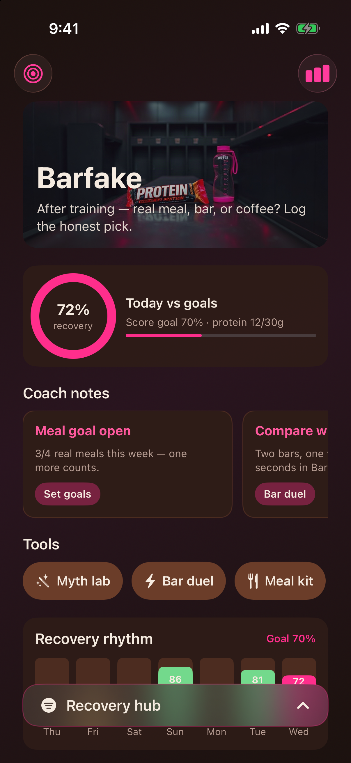 Barfake recovery canvas with insights and progress ring